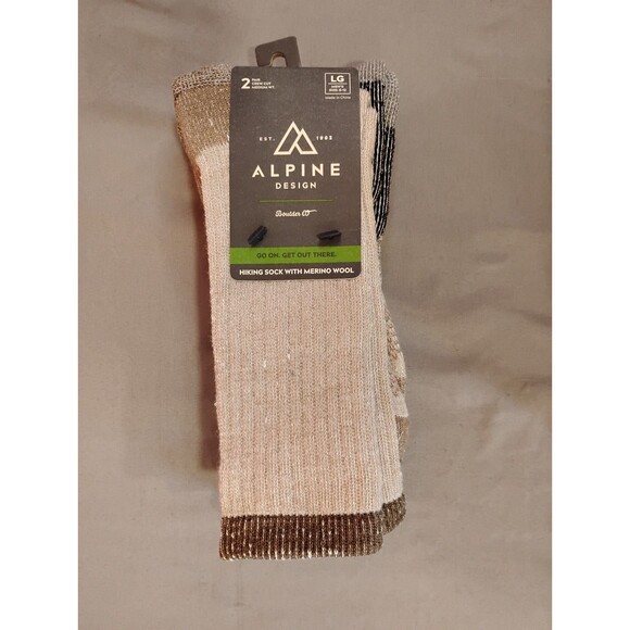 Men's Alpine Design Merino Wool Hiking Socks Crew Cut 2 Pair 8-12 Brown Black - Picture 1 of 3
